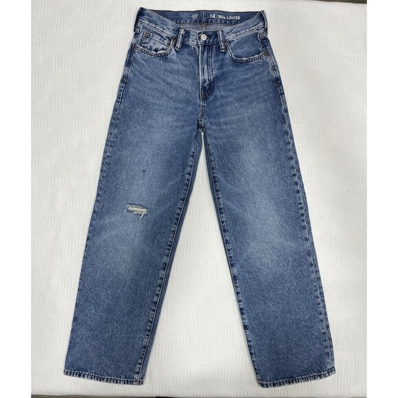 Gap Loose Fit Jeans Dark Wash Blue Denim Distressed Size 14 Gap Teen 90s Loose - Picture 1 of 5